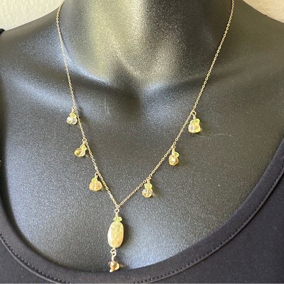Handmade Necklace And Earring Set - Green & Yellow Glass - Gold Filled Chain - Picture 2 of 13